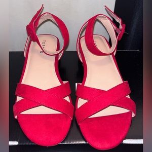 Red Faux Suede Ankle Strap Low Block Heel (WW)